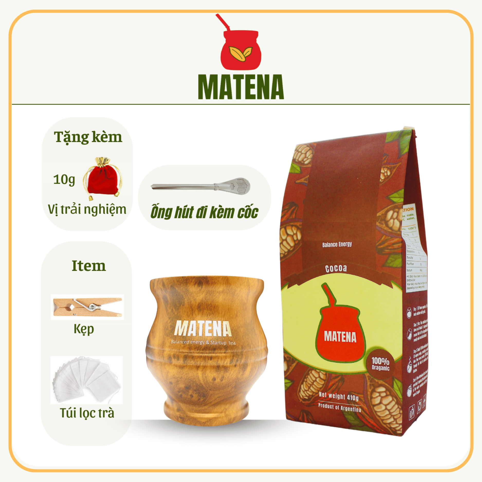 (Combo Trà + Cốc) Trà Nam Mỹ Yerba Mate dòng Cacao